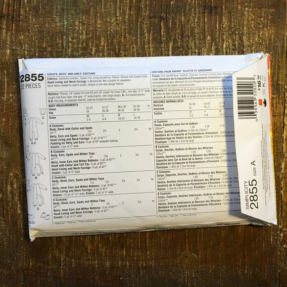 Simplicity Sewing Pattern 2855 Kids Costume Bear Gorilla Lion Leopard XS-L UNCUT - Picture 2 of 2